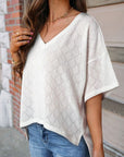 Gray Eyelet V-Neck Dropped Shoulder T-Shirt