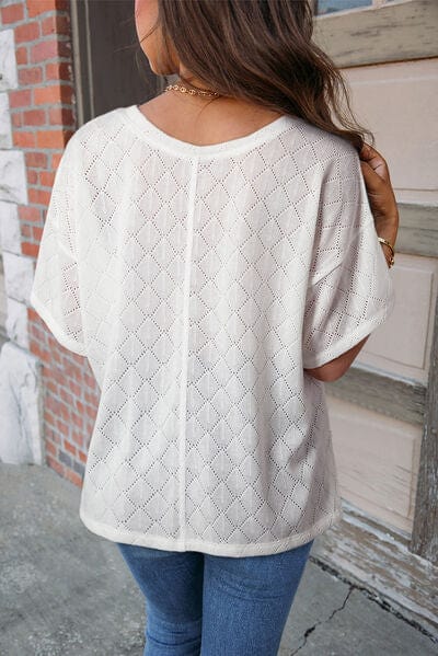 Gray Eyelet V-Neck Dropped Shoulder T-Shirt