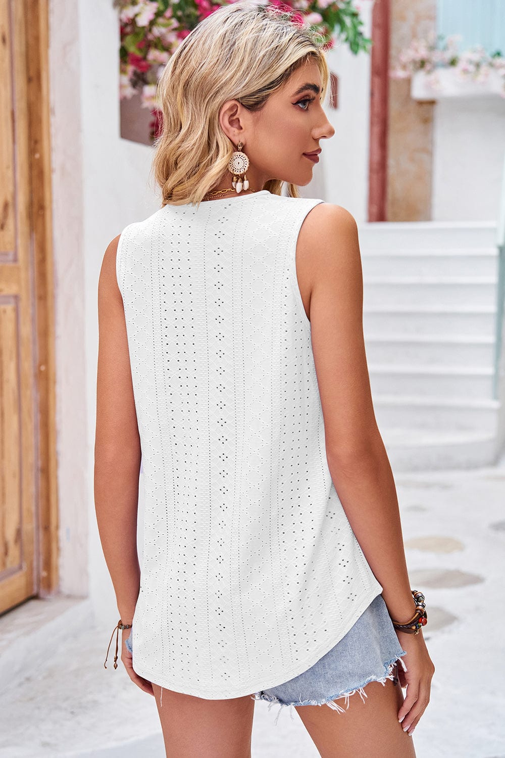 Light Gray Eyelet V-Neck Wide Strap Tank