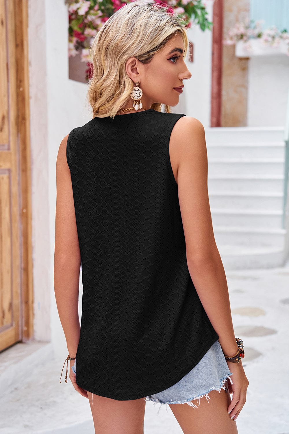 Black Eyelet V-Neck Wide Strap Tank