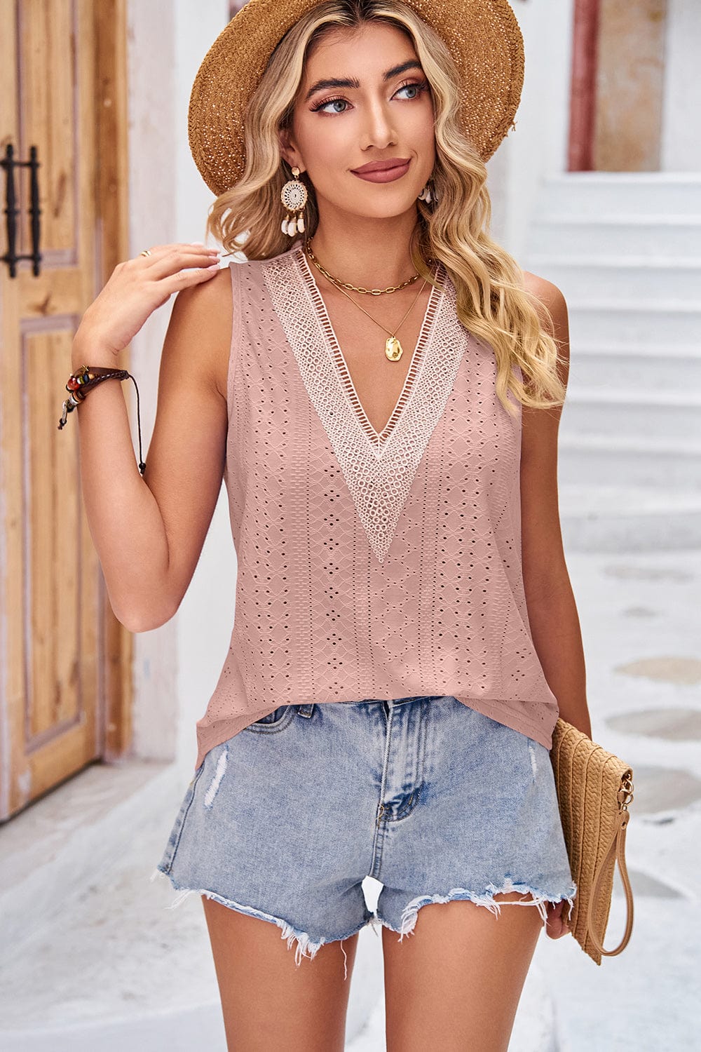 Rosy Brown Eyelet V-Neck Wide Strap Tank