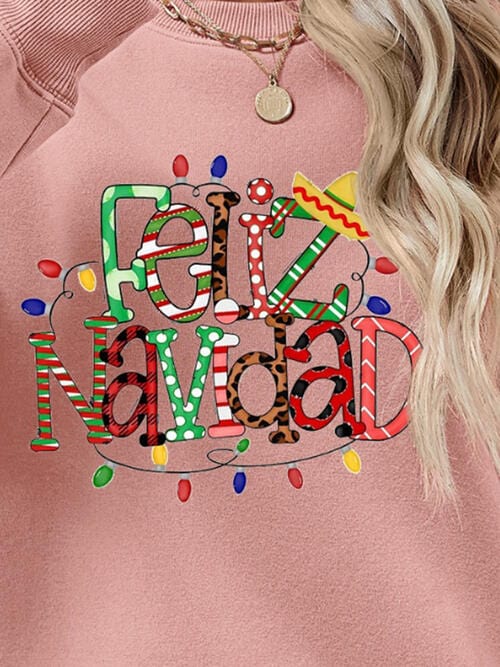 Rosy Brown FELIZ NAVIDAD Round Neck Drop Shoulder Sweatshirt