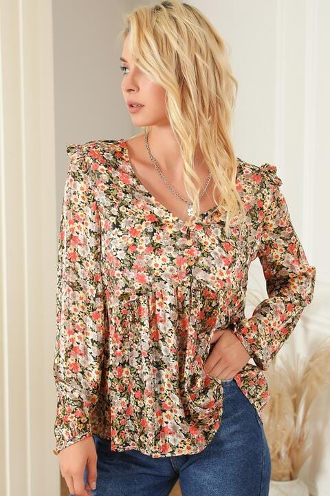 Wheat Floral V-Neck Babydoll Blouse