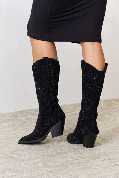 Black Forever Link Rhinestone Knee High Cowboy Boots