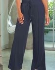 Dark Slate Gray Drawstring Wide Leg Pants with Pockets