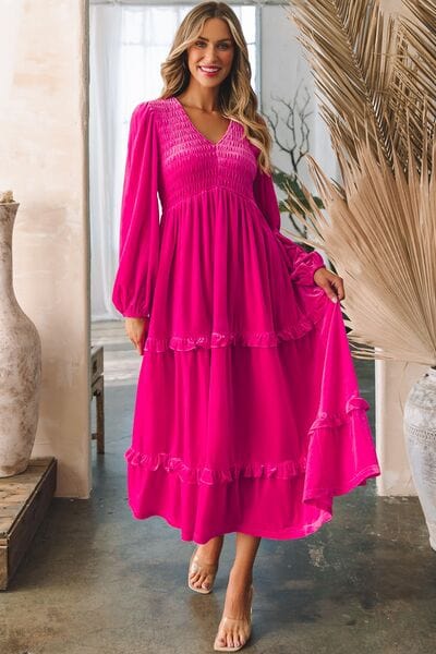 Maroon Frill V-Neck Balloon Sleeve Tiered Dress