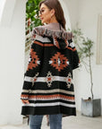 Light Gray Fringe Geometric Hooded Long Sleeve Cardigan