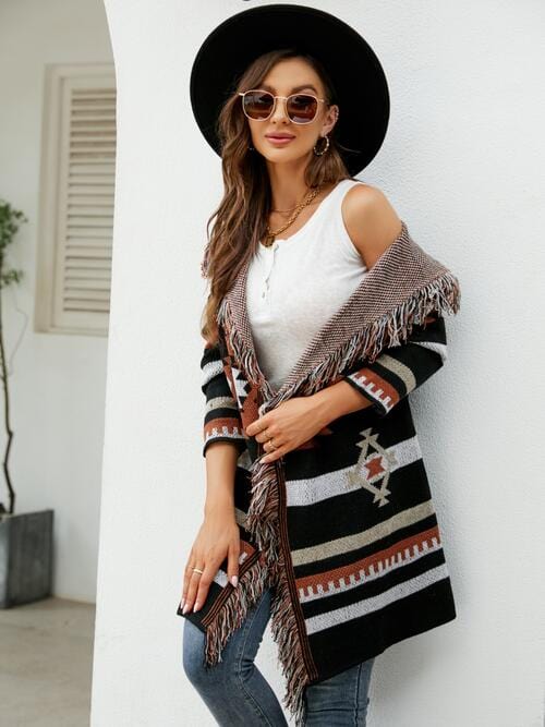 Light Gray Fringe Geometric Hooded Long Sleeve Cardigan