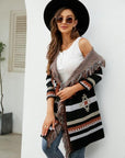 Light Gray Fringe Geometric Hooded Long Sleeve Cardigan