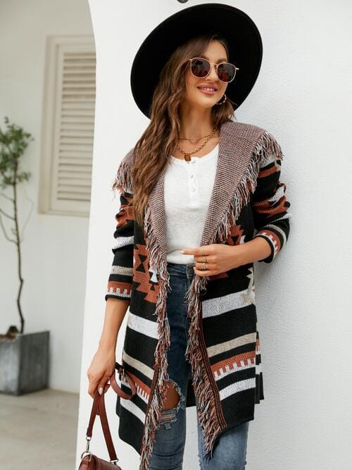 Light Gray Fringe Geometric Hooded Long Sleeve Cardigan