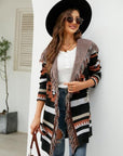 Light Gray Fringe Geometric Hooded Long Sleeve Cardigan