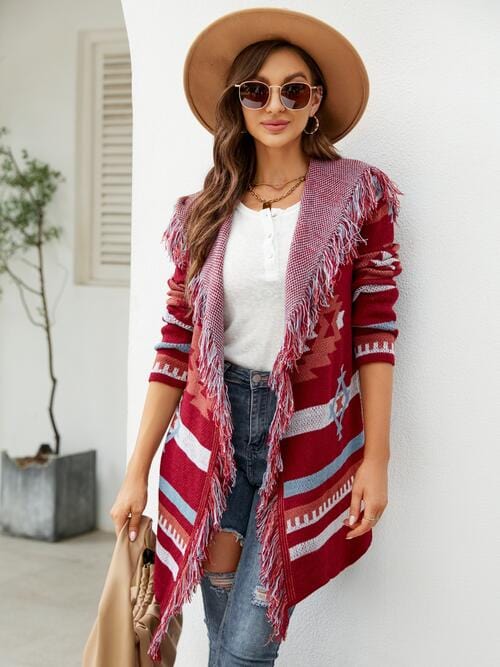 Light Gray Fringe Geometric Hooded Long Sleeve Cardigan