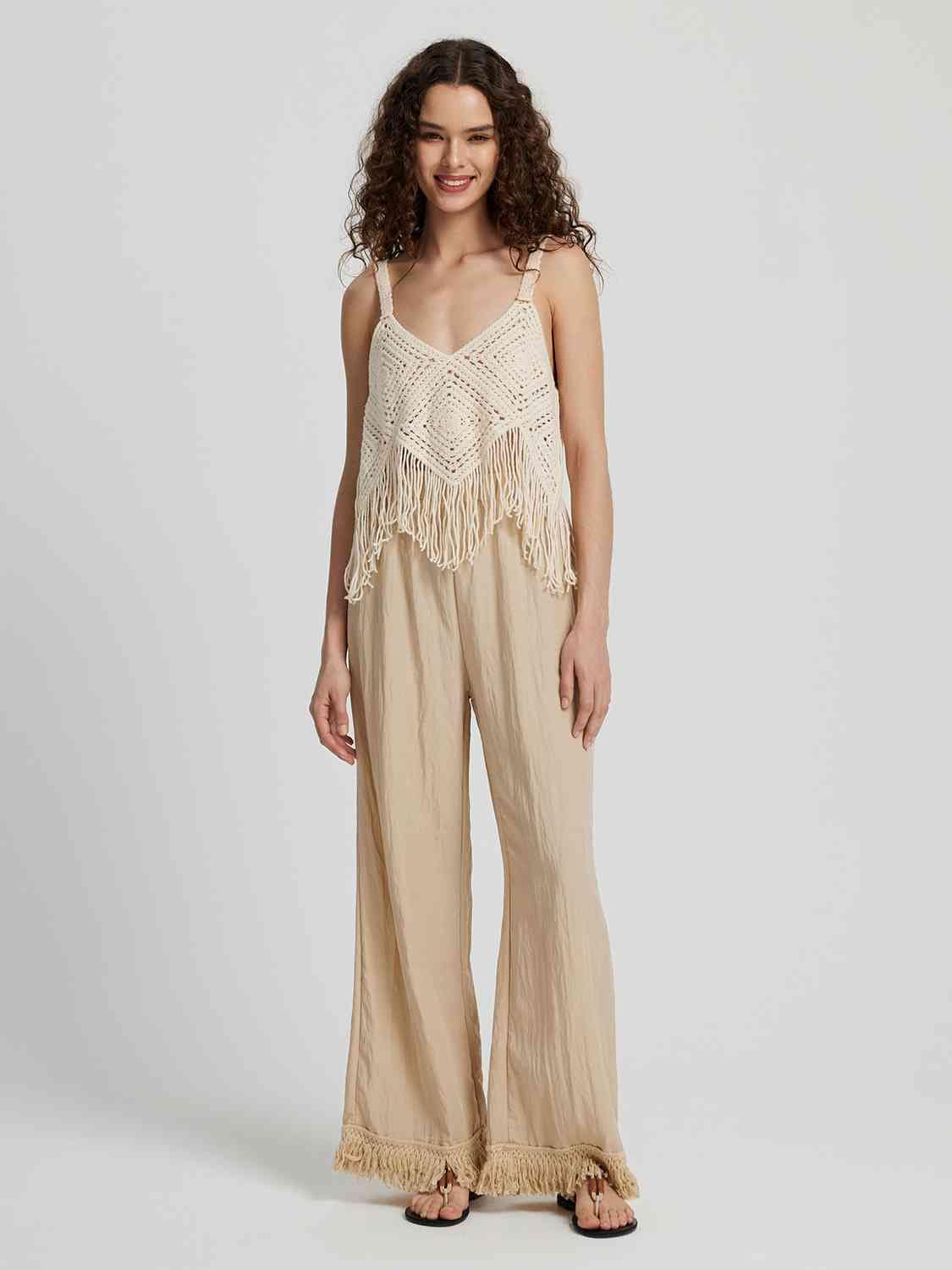 Light Gray Fringe Hem Wide Leg Long Pants