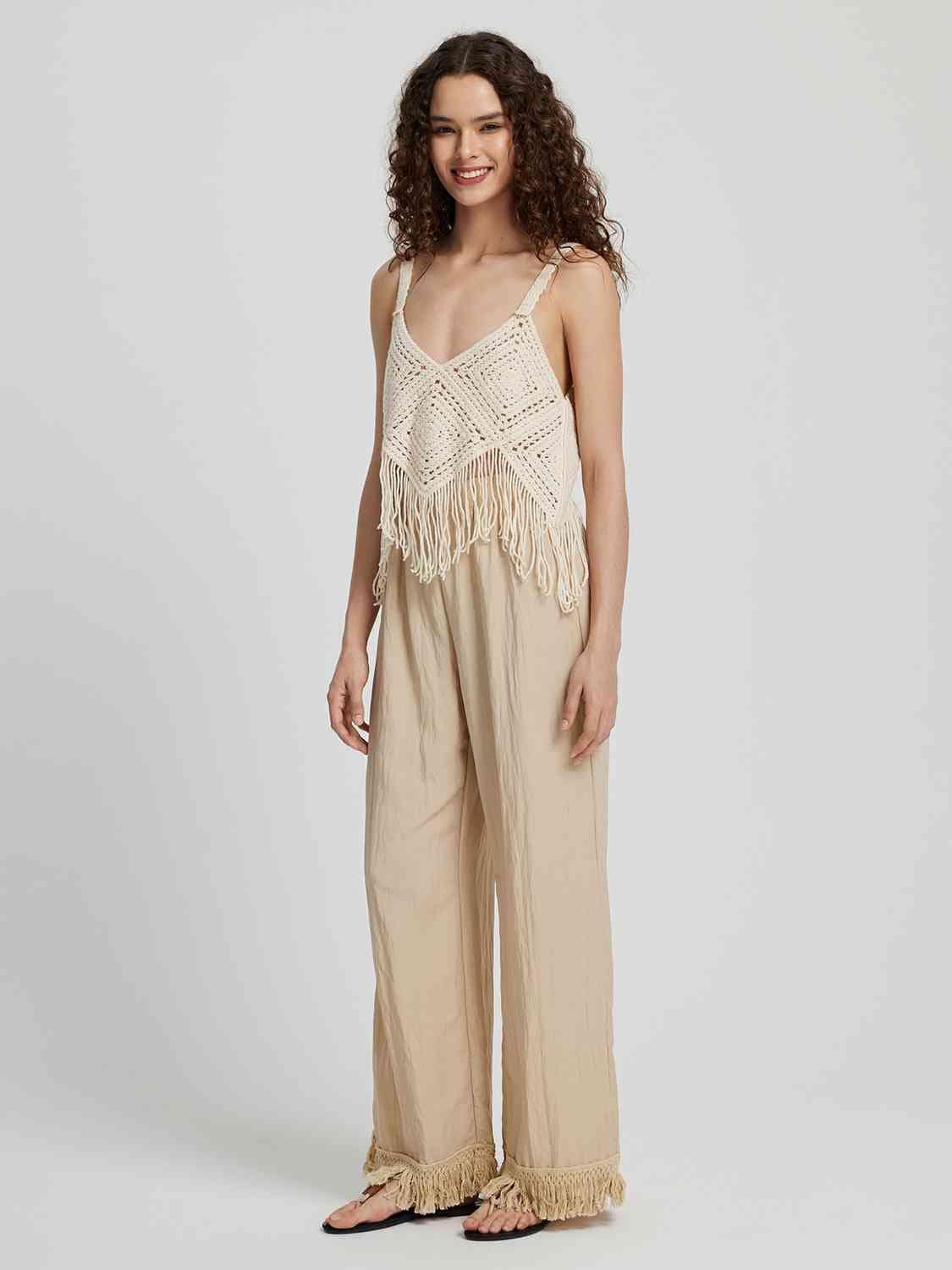 Light Gray Fringe Hem Wide Leg Long Pants