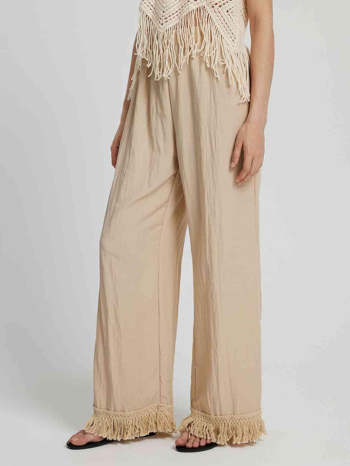 Gray Fringe Hem Wide Leg Long Pants