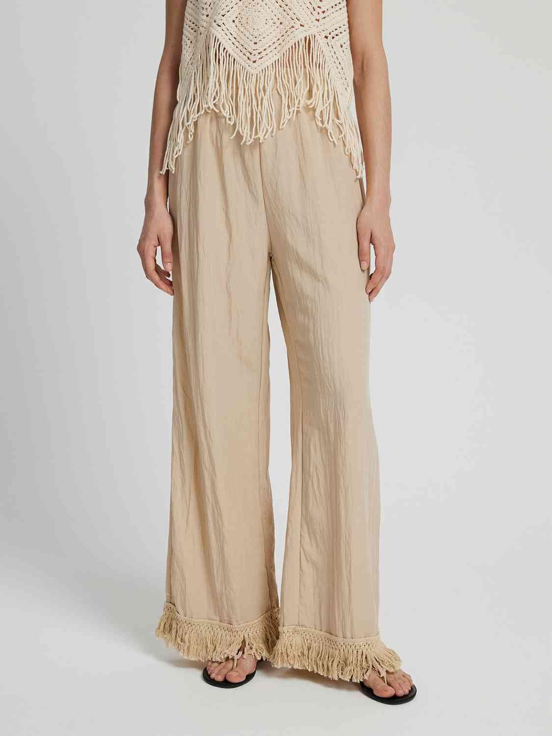 Light Gray Fringe Hem Wide Leg Long Pants