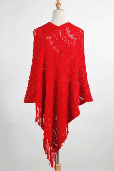 Firebrick Fringe Openwork Surplice Cape Sleeve Poncho