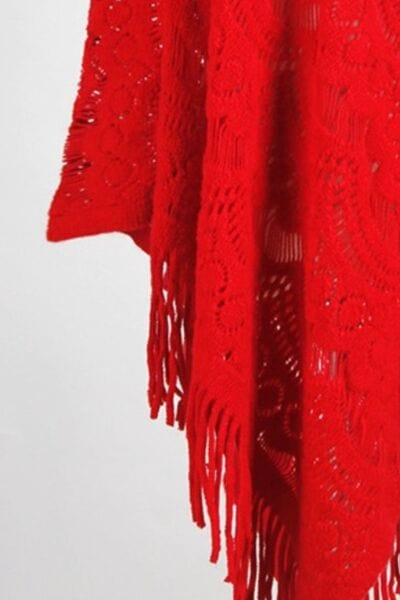 Firebrick Fringe Openwork Surplice Cape Sleeve Poncho