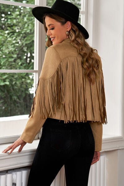 Dim Gray Fringe Trim Lapel Collar Cropped Blazer