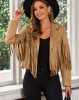 Rosy Brown Fringe Trim Lapel Collar Cropped Blazer