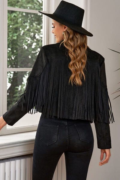 Black Fringe Trim Lapel Collar Cropped Blazer