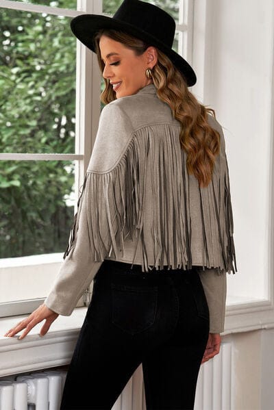 Dark Gray Fringe Trim Lapel Collar Cropped Blazer