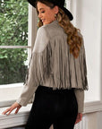 Dark Gray Fringe Trim Lapel Collar Cropped Blazer