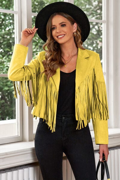 Black Fringe Trim Lapel Collar Cropped Blazer