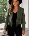 Gray Fringe Trim Lapel Collar Cropped Blazer