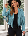 Dark Slate Gray Fringe Trim Lapel Collar Cropped Blazer