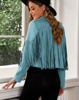 Dark Slate Gray Fringe Trim Lapel Collar Cropped Blazer