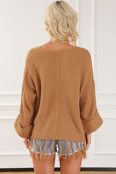 Sienna Fringe V-Neck Long Sleeve Sweater