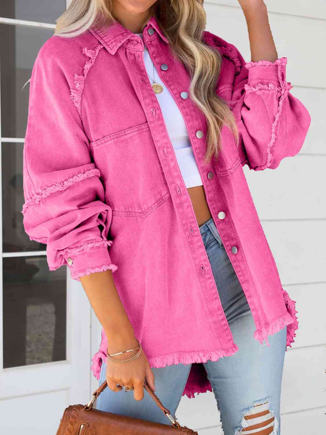 Pale Violet Red Button Down Raw Hem Denim Jacket