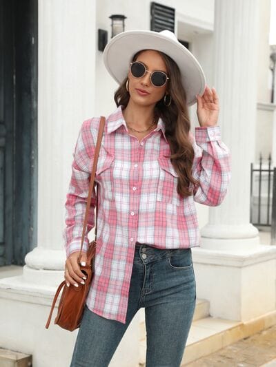 Dark Slate Gray Plaid Button Up Pocketed Shirt