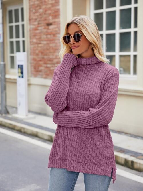 Dark Gray Ribbed Turtleneck Long Sleeve Slit Knit Top