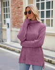 Dark Gray Ribbed Turtleneck Long Sleeve Slit Knit Top