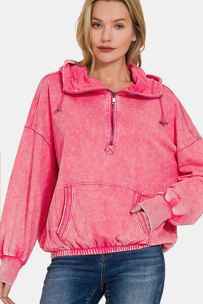 Light Coral Zenana Drawstring Half Zip Dropped Shoulder Hoodie