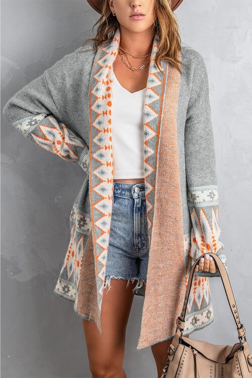 Rosy Brown Geometric Open Front Long Sleeve Cardigan