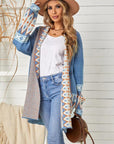 Light Gray Geometric Open Front Long Sleeve Cardigan