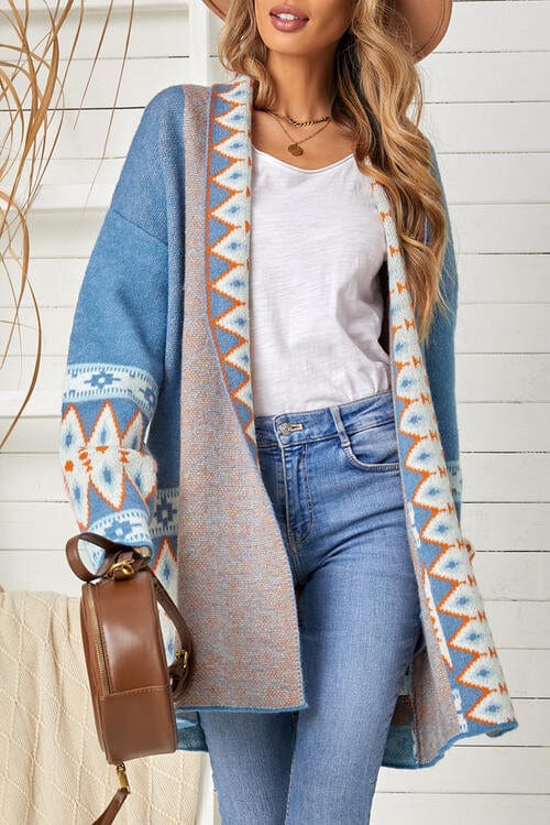 Light Gray Geometric Open Front Long Sleeve Cardigan