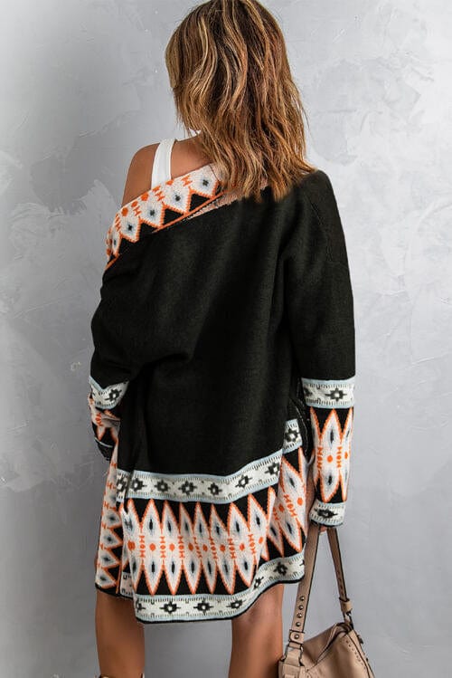 Dark Gray Geometric Open Front Long Sleeve Cardigan