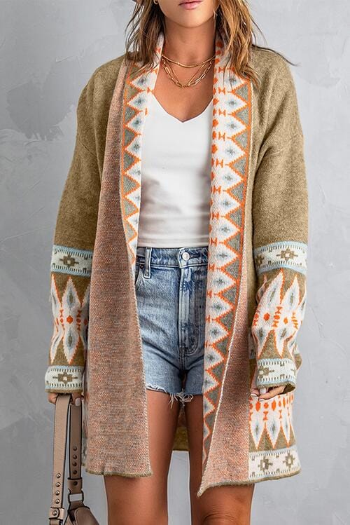 Rosy Brown Geometric Open Front Long Sleeve Cardigan