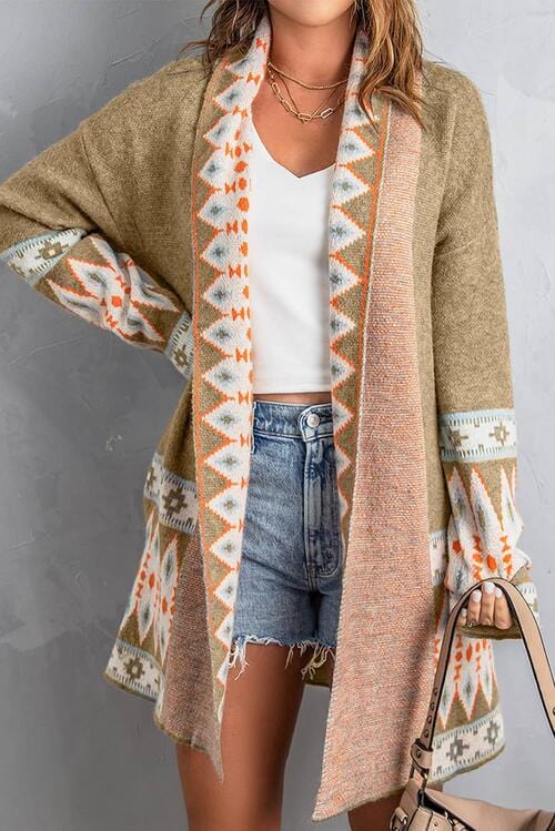 Rosy Brown Geometric Open Front Long Sleeve Cardigan