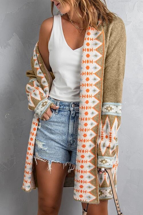 Rosy Brown Geometric Open Front Long Sleeve Cardigan