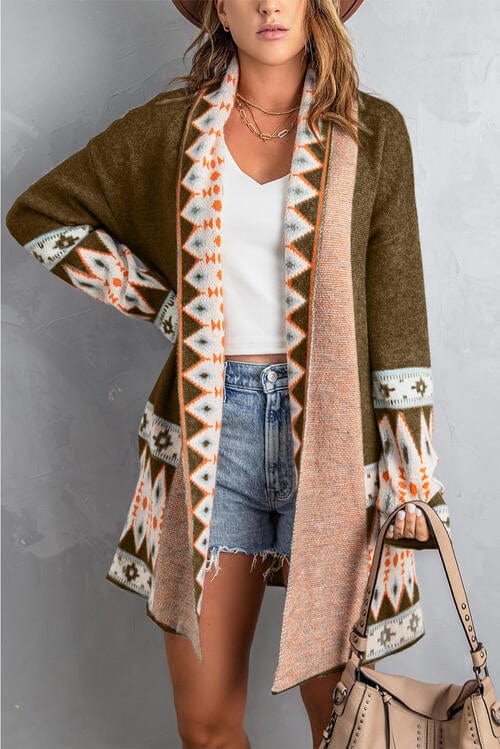 Rosy Brown Geometric Open Front Long Sleeve Cardigan