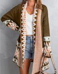 Rosy Brown Geometric Open Front Long Sleeve Cardigan