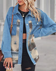 Dark Gray Geometric Raw Hem Button Up Denim Jacket