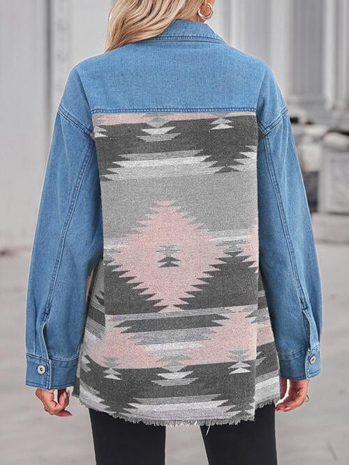 Dark Gray Geometric Raw Hem Button Up Denim Jacket