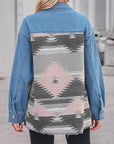 Dark Gray Geometric Raw Hem Button Up Denim Jacket