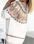 Antique White Geometric Round Neck Long Sleeve Sweater